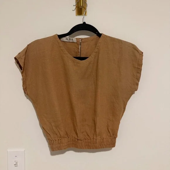 Aura Womens Linen Tiered Maxi Skirt and Crop Top Set Brown Small - Picture 3 of 5